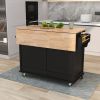 Kitchen Cart with Rubber wood Drop-Leaf Countertop, Concealed sliding barn door adjustable height,Kitchen Island on 4 Wheels with Storage Cabinet and